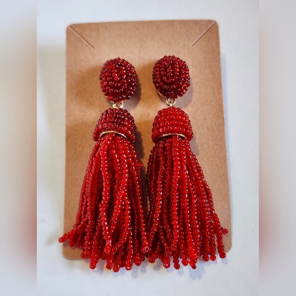 NWOT Red Beaded Tassel Statement Earrings Fringe Drop Stud Earrings